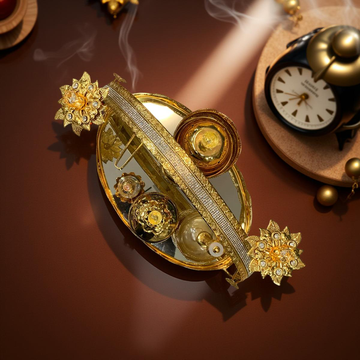 Luxus-Räucher- Duftset auf Spiegel-Tablett (Gold)