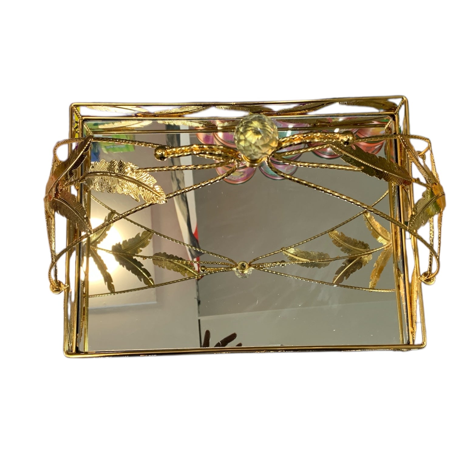 Spiegel-Serviertablett in Goldoptik mit Blatt-Design Kristallknauf