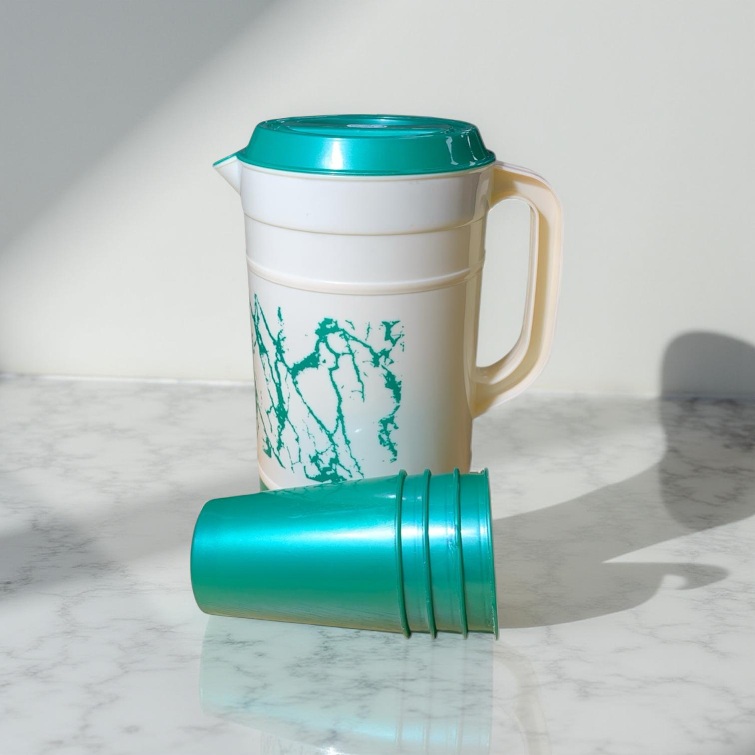 Wasserkanne mit Deckel & Becher – Teal/Weiß