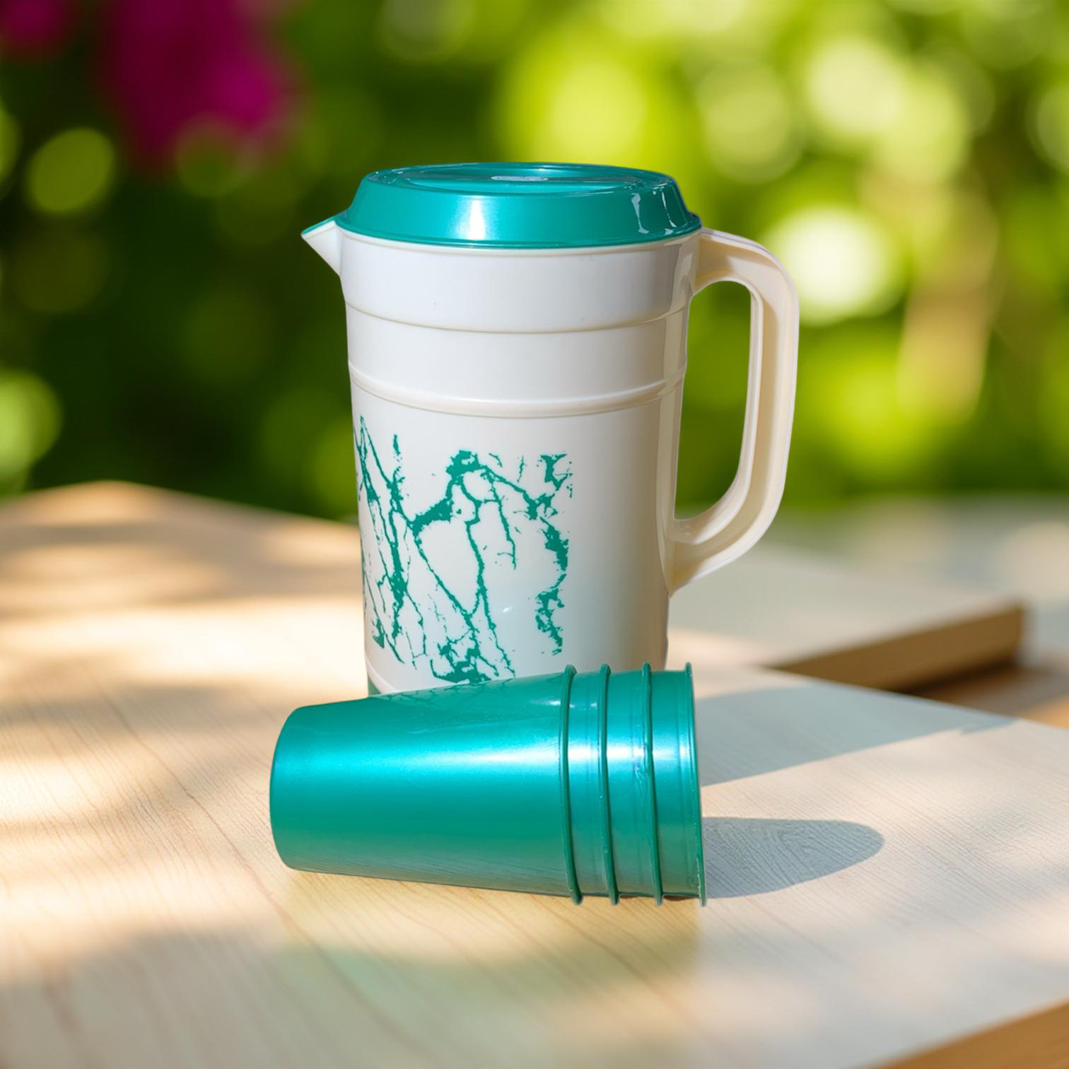 Wasserkanne mit Deckel & Becher – Teal/Weiß