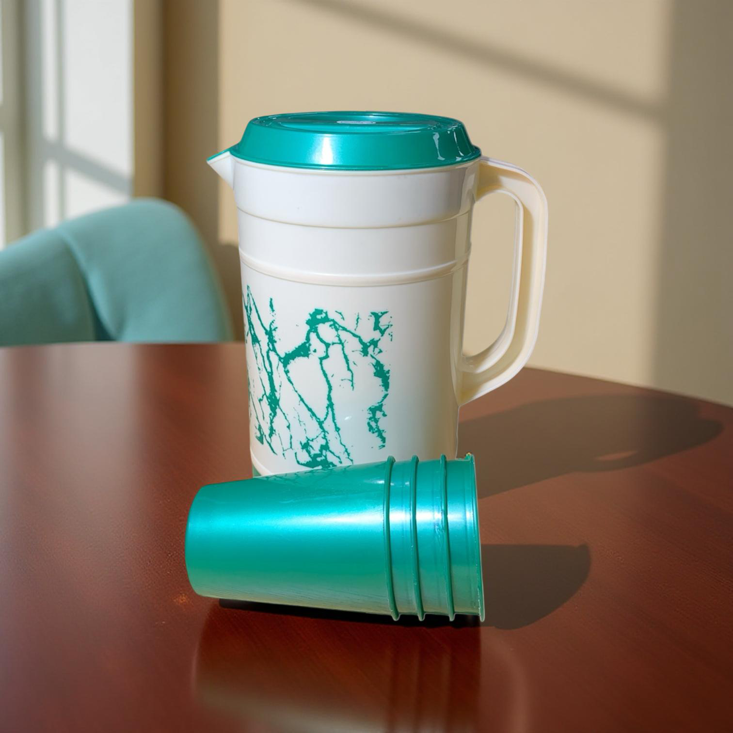 Wasserkanne mit Deckel & Becher – Teal/Weiß