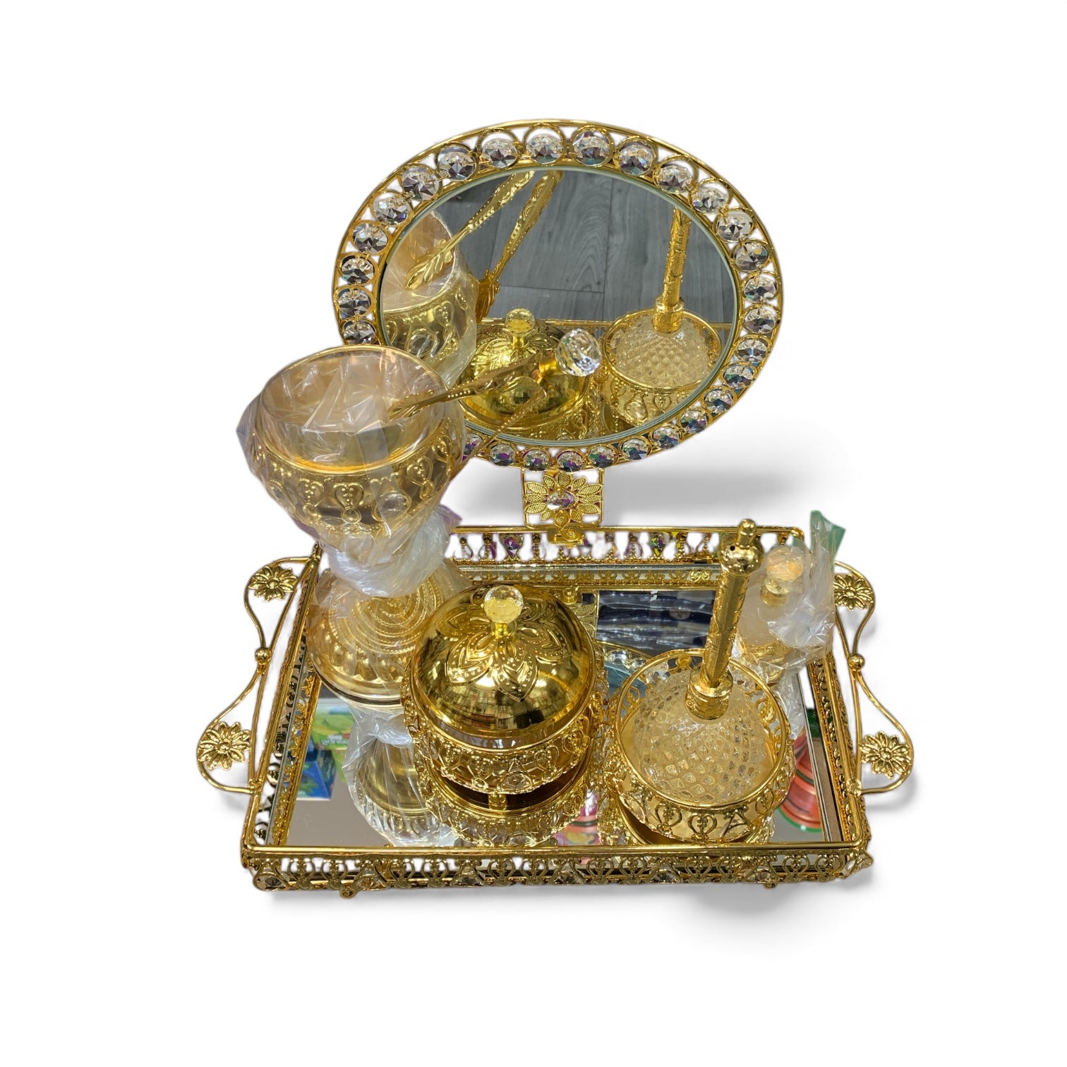 Luxus-Bakhoor-Set auf Spiegel-Tablett (Gold Kristall)