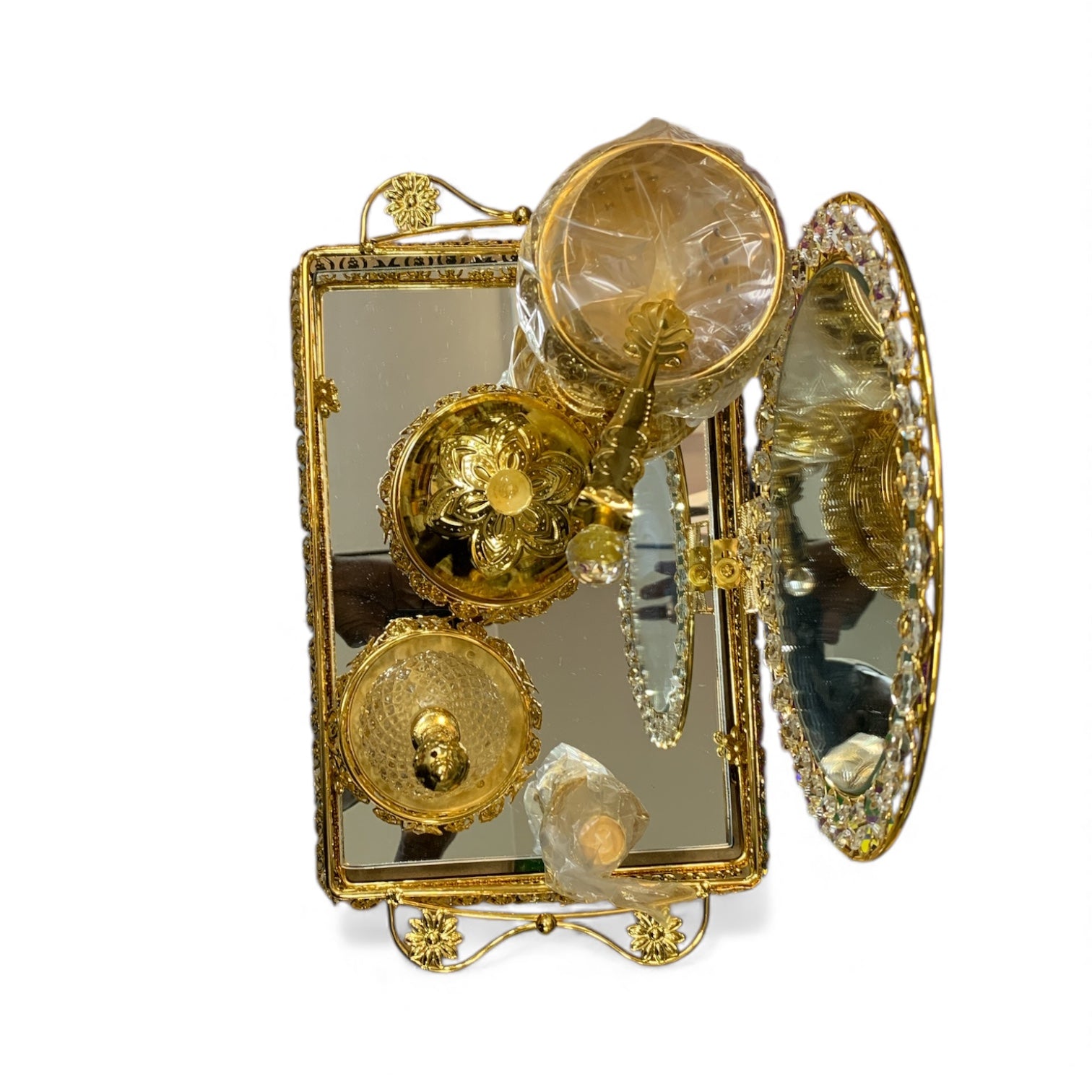 Luxus-Bakhoor-Set auf Spiegel-Tablett (Gold Kristall)
