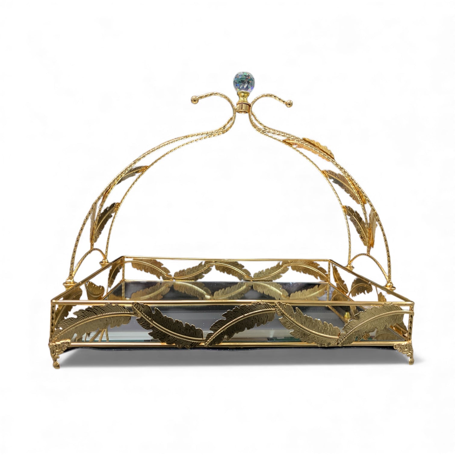 Spiegel-Serviertablett in Goldoptik mit Blatt-Design Kristallknauf